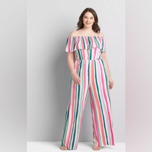 Lane Bryant Pink and Green Stripe Off the Shoulder Jumpsuit
